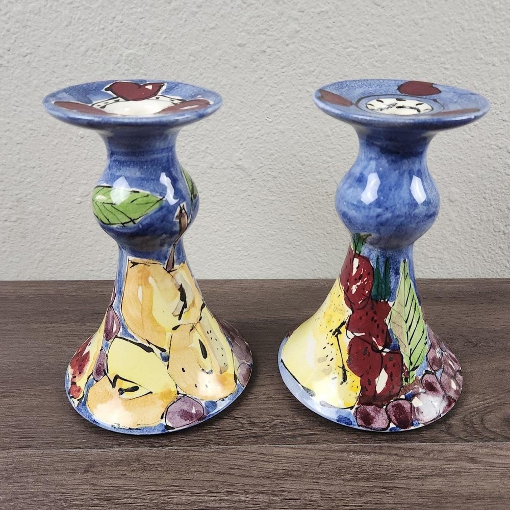 Hasslock Ceramic Candlestick Holders Signed Dated 2002‎ Louisiana Hand Painted